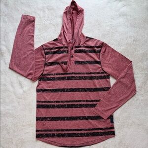 Raw Yarn Industries Men’s Red & Black Striped Henley Hoodie Long Sleeve Size M